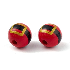印刷された天然木のヨーロッパのビーズ  大穴ビーズ  クリスマスベルト模様のラウンド  レッド  19mm  穴：4mm&nbsp;LS-WOOD-C015-06B