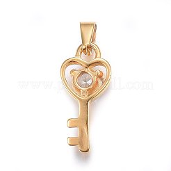 304ステンレスペンダント  キュービックジルコニア付き  ハートの鍵  透明  ゴールドカラー  19x9x4mm  穴：5x3mm&nbsp;STAS-P216-58G