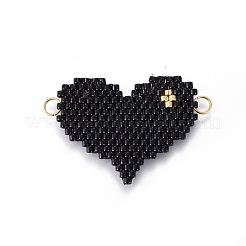 MIYUKI＆TOHO手作り日本のシードビーズリンク  織機模様  ハート  ブラック  22x29x1.7mm  穴：2.5mm&nbsp;SEED-A029-EG03