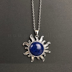 Natural Lapis Lazuli Sun Pendant Alloy Chain Vintage Necklaces, Platinum, 19.69 inch(50cm)