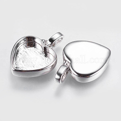 Brass Pendant Cabochon Settings, Plain Edge Bezel Cups, Long-Lasting Plated, Heart, Platinum, 17x15x3.5mm, Hole: 3x5mm, Tray: 12x13mm