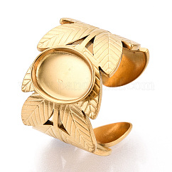 Leaf 304 Stainless Steel Cuff Ring Components, Oval Pad Ring Setting, Ion Plating(IP), Real 18K Gold Plated, Tray: 10x8mm, 14.2mm, Adjustable