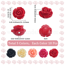 50個 5色合成珊瑚彫刻ビーズ  染め  花  ミックスカラー  11~11.5x11~11.5x8~8.5mm  穴：0.5~1.2mm  10個/カラー&nbsp;CORA-SC0001-12