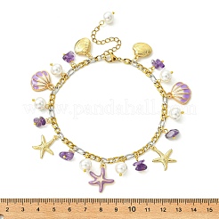 3Pcs 3 Styles Ocean Alloy Enamel Starfish Shell Charm 304 Stainless Steel Figaro Chain Anklets with Natural Amethyst & Rose Quartz & Synthetic Turquoise Chip Beads&nbsp;AJEW-AN00883