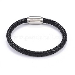 男の編み革コードブレスレット  304ステンレススチール製マグネット留め具付き  ブラック  8-1/4インチ（21cm）  6mm&nbsp;BJEW-JB04255-02