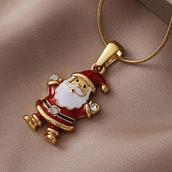 304ステンレススチール製エナメルレッドクリスマスサンタクロースペンダントネックレス（女性用）  ゴールドカラー  15.75インチ（40cm）&nbsp;ZM1589