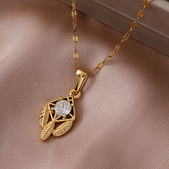 Vintage 304 Stainless Steel Glass Feather Pendant Necklaces for Women Men&nbsp;BU5230