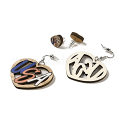 Heart with Word USA Wood Studs & Dangle Earrings Set&nbsp;SJEW-K002-02