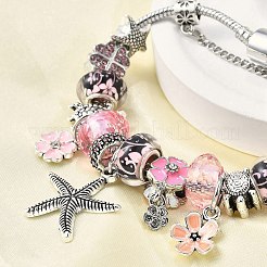 合金エナメルヨーロピアンビーズチャームブレスレット  女性用スネークチェーンブレスレット  ヒトデと花とウミガメ  樹脂とラインストーン付き  鉛フリー＆カドミウムフリー  アンティークシルバー＆プラチナ  7-1/2インチ（19cm）&nbsp;BJEW-F495-08P