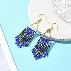 ガラスシードビーズのシャンデリアピアス  女性用ゴールド 304 ステンレス タッセル イヤリング  ミディアムブルー  63.5x15mm&nbsp;EJEW-MZ00083