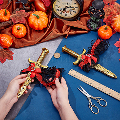 ハロウィンの仮装パーティーやコスプレ小道具に使えるプラスチック製の剣のおもちゃ  ポリエステル蝶結び付き  レッド  246x81x30.5mm&nbsp;AJEW-WH0348-981B
