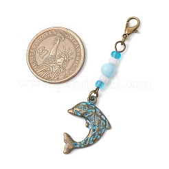 海をテーマにした合金チャームとガラスビーズのペンダント装飾  カニカン付き  イルカ  67.5mm&nbsp;HJEW-JM03158-08