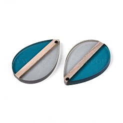 透明樹脂＆ウッドペンダント  ティアドロップ  ツートン  スチールブルー  36~36.5x24.5x3.5mm  穴：2mm&nbsp;RESI-T057-58A
