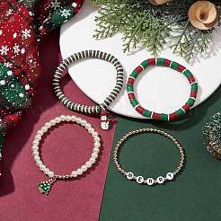 4個4スタイルポリマークレイストレッチブレスレットセット  女性用ガラス製重ね付けクリスマスブレスレット  ミックスカラー  内径：2-1/8~2-1/4インチ（5.5~5.6cm）  1個/スタイル&nbsp;X1-BJEW-TA00496
