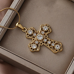 304 Stainless Steel with Clear Glass Hollow Cross Pendant Necklaces for Women Men&nbsp;LS-FR7878