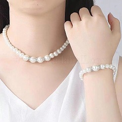 丸型 ABS プラスチック模造真珠ビーズネックレス & ダングルイヤリング & ブレスレットセット  女性用合金ジュエリーセット  ホワイト  430mm&nbsp;FS-WG32AE8-01