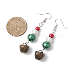 クリスマステーマのガラスパールベルダングルイヤリング  真鍮製のピアスフック付き  プラチナ  カラフル  65x12.5mm&nbsp;EJEW-JE06153