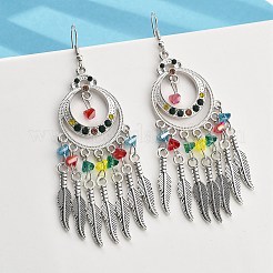 リング＆フェザー合金＆ガラスシャンデリアピアス  アンティークシルバー  90.5x32mm&nbsp;EJEW-G426-01AS