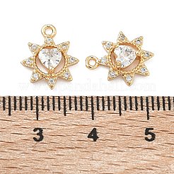 バレンタインデー真鍮マイクロパヴェキュービックジルコニアチャーム  ハートのチャームが付いた花  18KGP本金メッキ  透明  13x10.5x3.5mm  穴：1.8mm&nbsp;KK-B172-02G-01