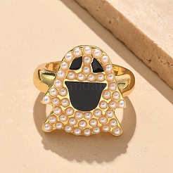 女性用ゴースト真鍮エナメルカフリング  カドミウムフリー＆鉛フリー  ラックめっき  ABSの模造パールと  18KGP本金メッキ  usサイズ8 1/2(18.5mm)&nbsp;RJEW-B117-02G