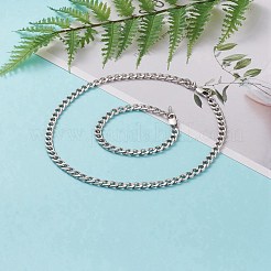 変色しにくいメンズ 304 ステンレススチール キューバンチェーン ブレスレットとネックレス ジュエリーセット  カニカン付き  ステンレス鋼色  7-3/4インチ（19.6cm）  18インチ&nbsp;SJEW-JS01158