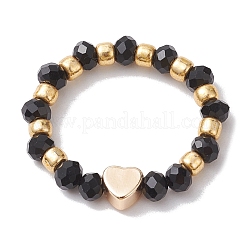 Glass Stretch Rings with Golden Plated Heart Brass Beads&nbsp;RJEW-JR00660-01