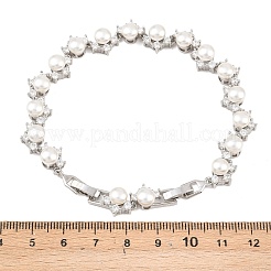 Platinum Tone Brass Micro Pave Cubic Zirconia & Plastic Pearl Tennis Bracelets&nbsp;BJEW-B160-16P