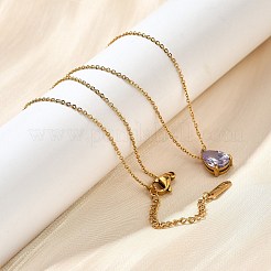 304ステンレスネックレス  キュービックジルコニアティアドロップチャーム付き  18KGP本金メッキ  ライラック  長さ16.22インチ(41.2cm)+64mmエクステンダー&nbsp;NJEW-R022-01G-06