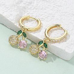 真鍮製マイクロパヴェキュービックジルコニアフープピアス  鉛フリー＆カドミウムフリー  長持ちメッキ  ラックめっき  チェリー  18KGP本金メッキ  28x12mm&nbsp;EJEW-R016-15G