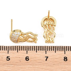 真鍮製マイクロパヴェキュービックジルコニアスタッドピアス  クラゲ  鉛フリー＆カドミウムフリー  長持ちメッキ  ラックめっき  18KGP本金メッキ  15x8.5mm&nbsp;EJEW-G471-19P