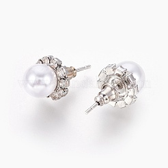 真鍮製スタンドピアス  アクリル模造パールと立方晶ジルコニア  ラウンド  プラチナ  10x8mm  ピン：0.8mm&nbsp;EJEW-P167-04P