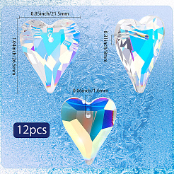 12個のガラスペンダント  ハート  ABカラー  多面カット  クリアAB  26.5x21.5x8mm  穴：1.6mm&nbsp;GLAA-SP0001-44