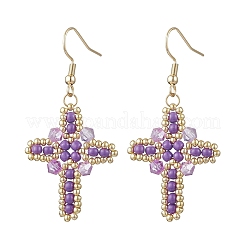 7 Pairs 304 Stainless Steel Glass Seeds Cross Dangle Earrings&nbsp;EJEW-MZ00506