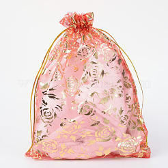 ローズプリントオーガンジーバッグ巾着袋  ギフトバッグ  長方形  レッド  18x13cm&nbsp;OP-R021-13x18-06