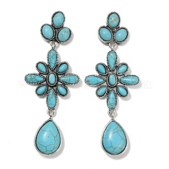 合金合成ターコイズダングルスタッドピアス  ティアドロップの花  アンティークシルバー  81.5x31mm&nbsp;EJEW-U053-06AS