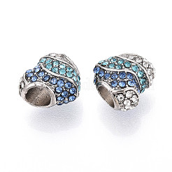 合金ラインストーンのヨーロッパのビーズ  大穴ビーズ  ハート  プラチナ  10.5~11x12x7.5mm  穴：4.5mm&nbsp;FIND-N009-12P