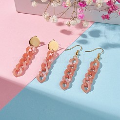 分厚いアクリルカーブチェーンロングドロップピアス  1ペアスタッド＆1ペアダングルピアス  女性のための真鍮のアクセサリー  ダークサーモン  63x17mm  57x12mm  ピン：0.7mm&nbsp;EJEW-JE04772-05