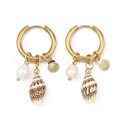 Natural Cultured Freshwater Pearl Beads & Spiral Shell Dangle Hoop Earrings&nbsp;EJEW-JE07252