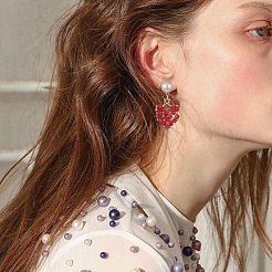 Glass Heart with ABS Plastic Pearl Dangle Stud Earrings&nbsp;EJEW-TA00233
