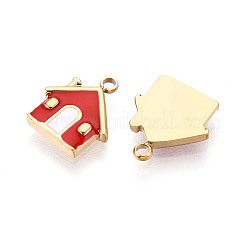 304ステンレススチールエナメルペンダント  家のチャーム  イオンプレーティング（ip）  18KGP本金メッキ  ファイヤーブリック  12x10.5x2mm  穴：1.5mm&nbsp;STAS-T068-23