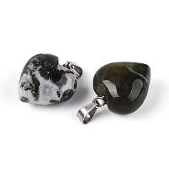 天然苔瑪瑙のペンダント  ハートチャーム  プラチナトーンのアイロンスナップ留め金具付き  16~19x15~18x8~10.5mm  穴：5.5~6x2~2.5mm&nbsp;G-T143-49C