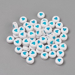アクリルエナメルビーズ  ハート付きフラットラウンド  ライトスカイブルー  6x3.5mm  穴：1.5mm&nbsp;LS-OACR-WH0003-04J