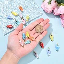 手描きの水玉模様の魚の磁器製ペンダント 10個  ゴールデントーン鉄パーツ  緑黄  29mm  穴：2.2mm&nbsp;PALLOY-YW00115-01