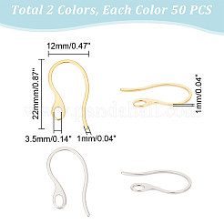 100個2色304ステンレススチールピアスフック  耳ワイヤー  カン付き  ゴールデン·ステンレス鋼色  22x12x1mm  穴：3.5x2mm  ピン：0.8x1mm  50個/カラー&nbsp;STAS-UN0049-49