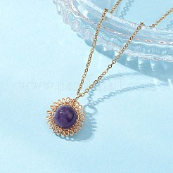 天然アメジスト銅線巻きフラワーペンダント304ステンレススチールアズキチェーンネックレス女性用  ゴールドカラー  17.68インチ（44.9cm）&nbsp;NJEW-JN05616-01