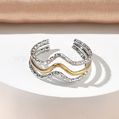 304ステンレススチール製トリプルウェーブカフオープンリング（女性用）  イオンプレーティング（ip）  ゴールデン·ステンレス鋼色  13mm  usサイズ9 3/4(19.5mm)&nbsp;RJEW-A095-01PG