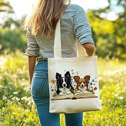 キャンバスレディーストートバッグ  ハンドル付き  ショッピング用ショルダーバッグ  長方形  犬  38x40cm&nbsp;ABAG-WH0057-007