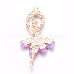 レジンビッグサイズペンダントトップ  金メッキ合金パーツとラインストーン付き  バレエ少女  スミレ  60x31x4mm  穴：2mm&nbsp;LS-ALRI-WH0004-A09