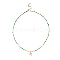 Brass Pave Clear Cubic Zirconia Fairy Pendant Round Shell Pearl & Flower Natural Freshwater Shell & Glass Seed Beaded Necklaces for Women&nbsp;NJEW-JN05643