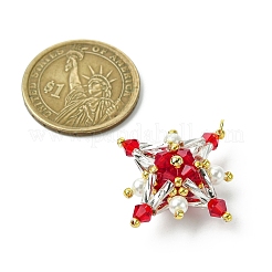 ガラスシードビーズのテトラプテラペンダント  ジャンプリングとガラスパールラウンドビーズ付き  レッド  31x31x13mm  穴：2.5mm&nbsp;PALLOY-MZ00533-05